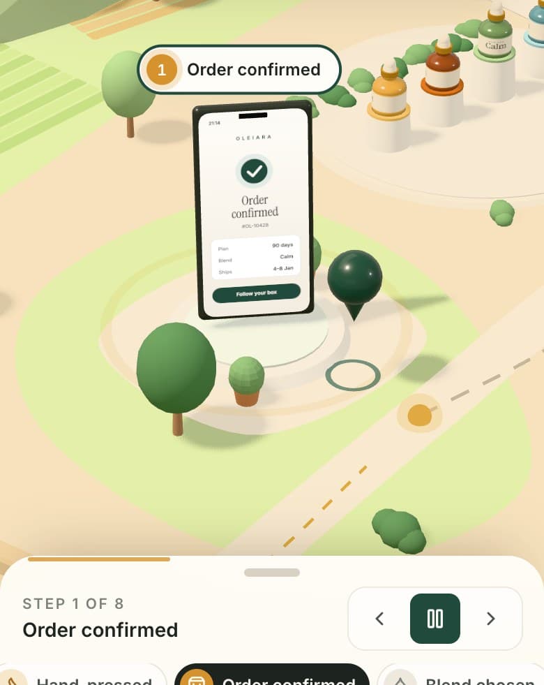 The order tracker: a phone showing “Order confirmed” in a small 3D landscape with the route to your door