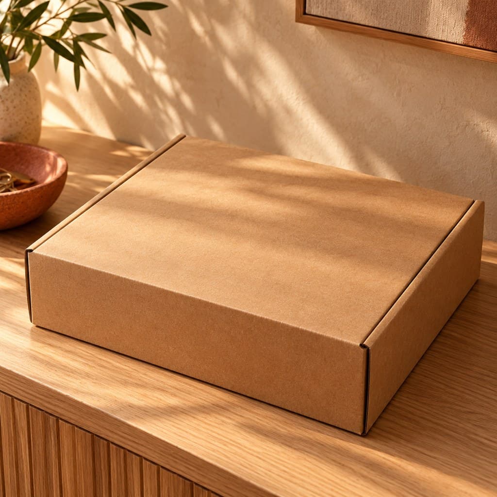 A plain kraft mailer box on a wooden sideboard in late sun