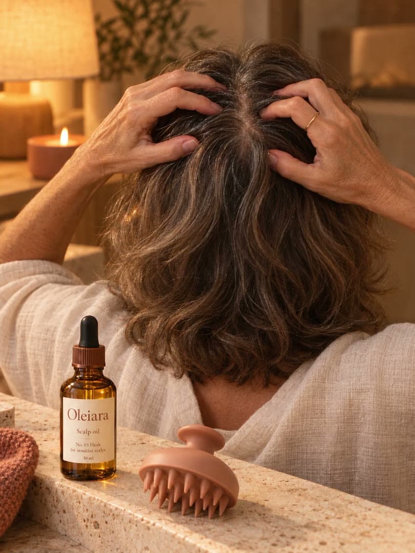 A woman working oil into her scalp at a stone counter, a bottle of Oleiara and a scalp massager beside her